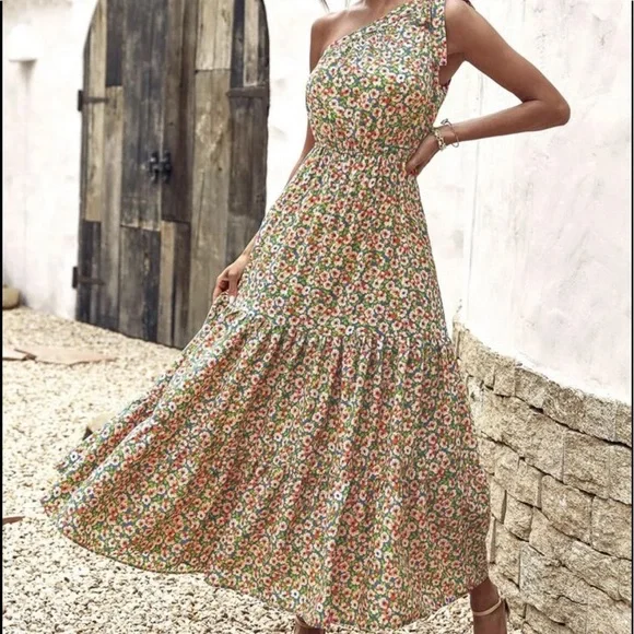 Boho tie shoulder A line maxi dress